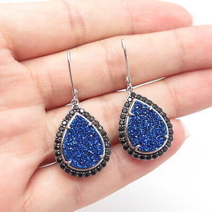 925 Sterling Silver Real Black Spinel & Druzy Pear Dangling Drop Earrings
